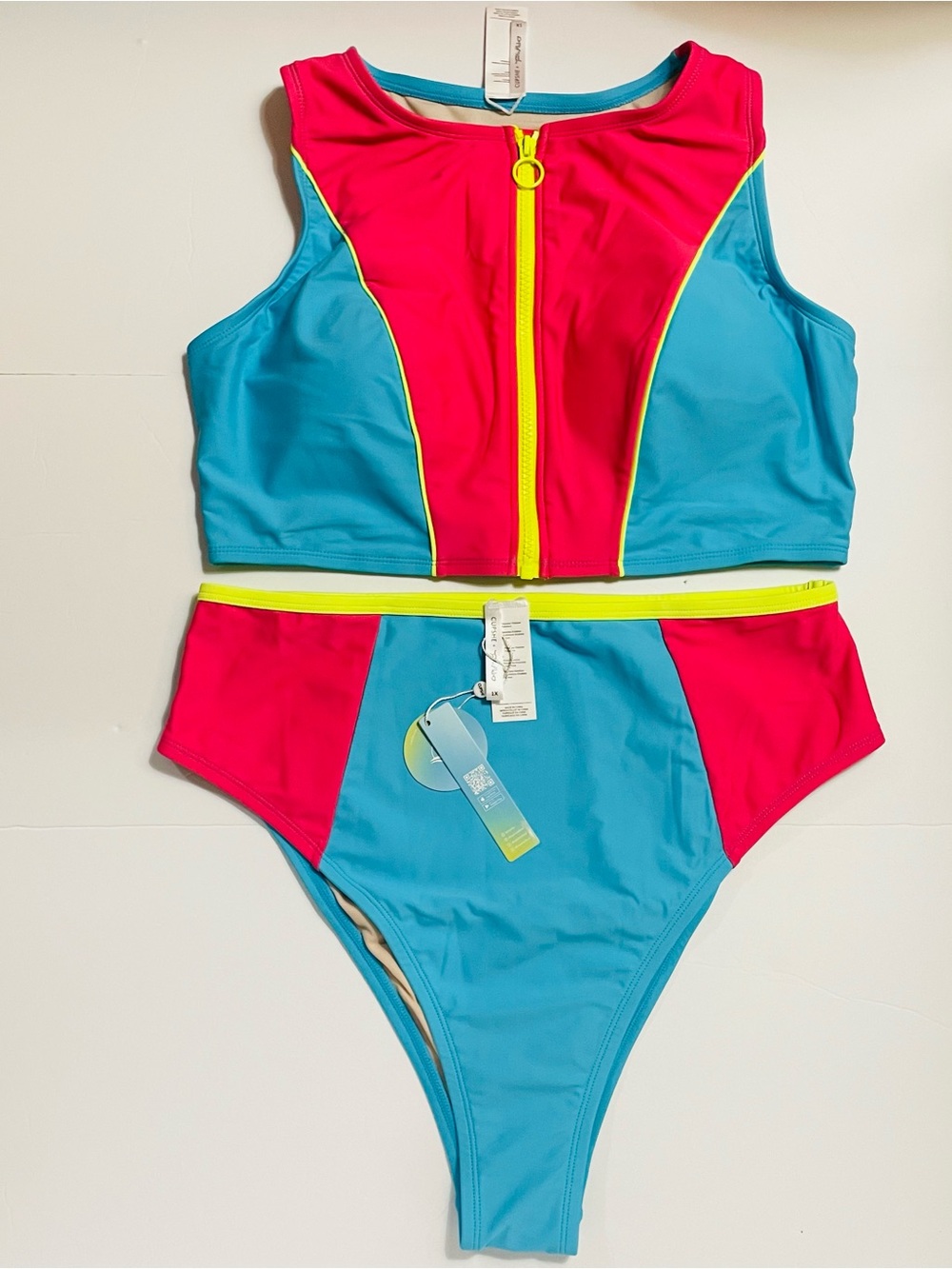 Cupshe Colorblock Two-Piece Swim Set - Hot Pink, Teal & Neon Yellow Sz 1X NWT